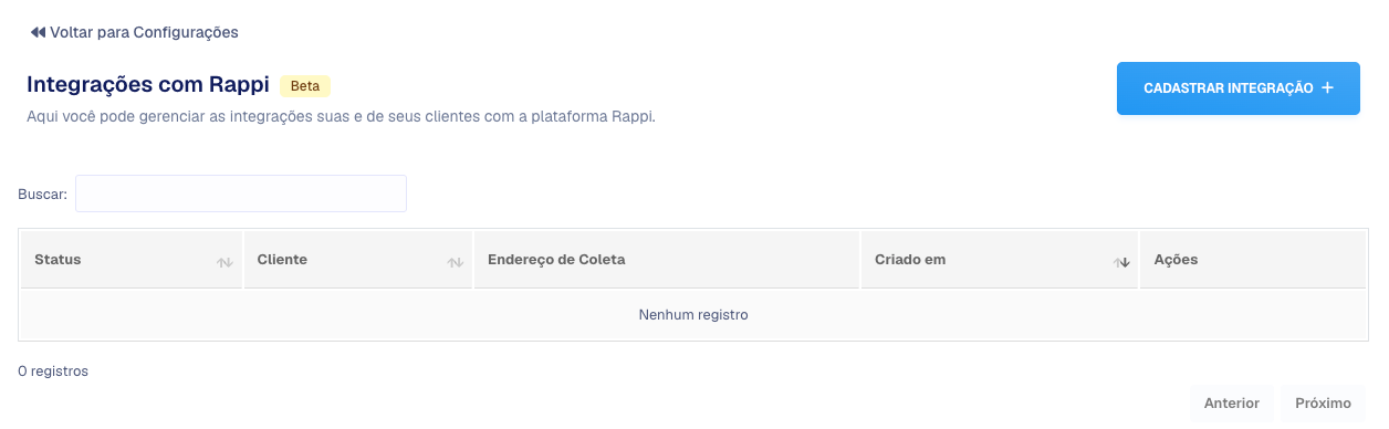Lista de integrações com a Rappi e o botão Cadastrar integração