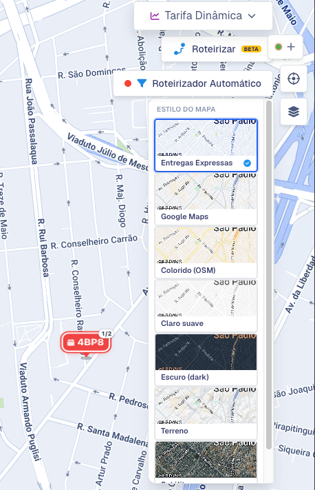 Painel Estilo do mapa aberto com as prévias dos temas e um deles marcado