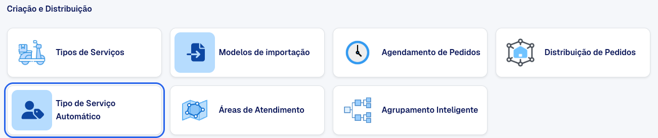 Card Tipo de Serviço Automático em Configurações