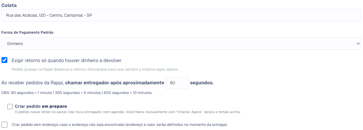 Coleta, forma de pagamento, retorno e tempo para chamar o entregador