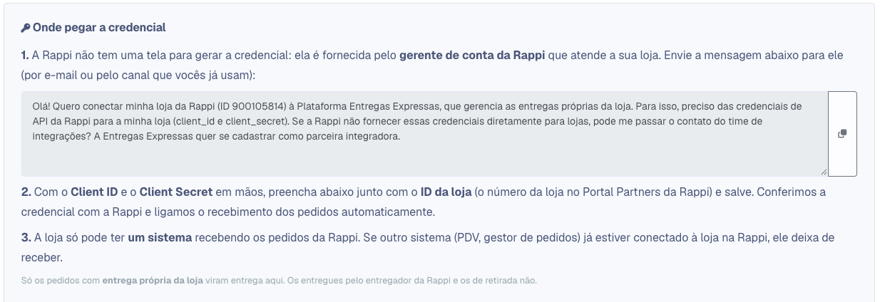 Quadro Onde pegar a credencial com a mensagem pronta para o gerente da Rappi