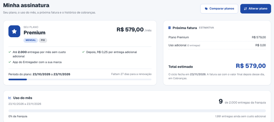Tela Minha assinatura com os quadros Seu plano, Próxima fatura e Uso do mês