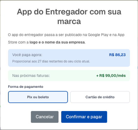Janela de contratação com Você paga agora, Nas próximas faturas e a escolha da forma de pagamento