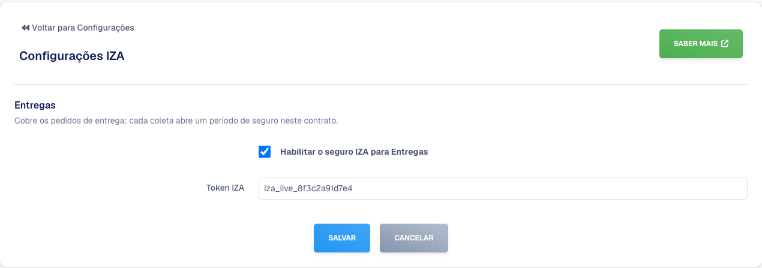 Tela Configurações IZA com as seções Entregas e Mobilidade, as duas habilitadas e com token preenchido