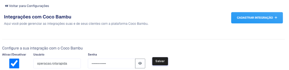 Bloco Configure a sua integração com o Coco Bambu com Ativar marcado, usuário e senha preenchidos