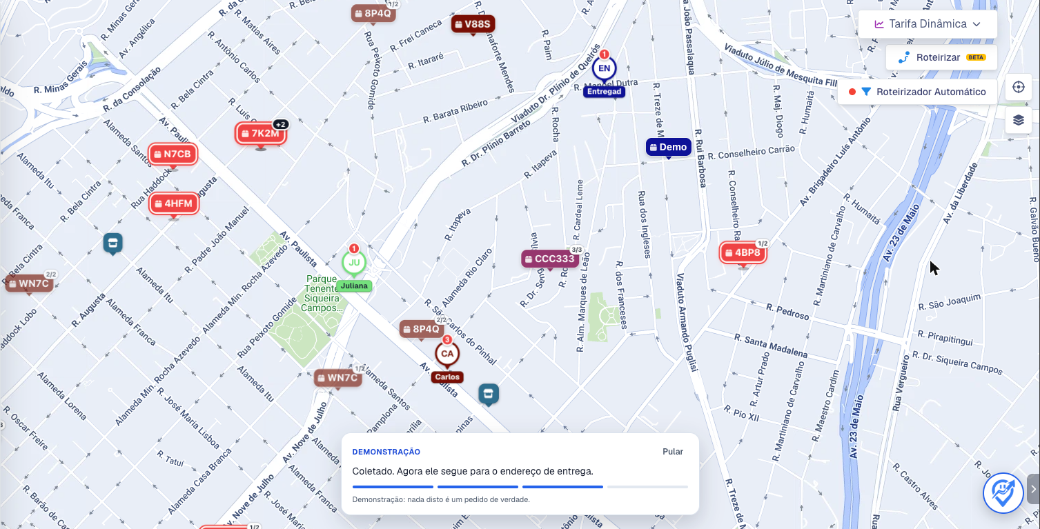 Mapa do Dashboard durante a demonstração, com o entregador e o pedido de demonstração e a legenda da etapa Coletado