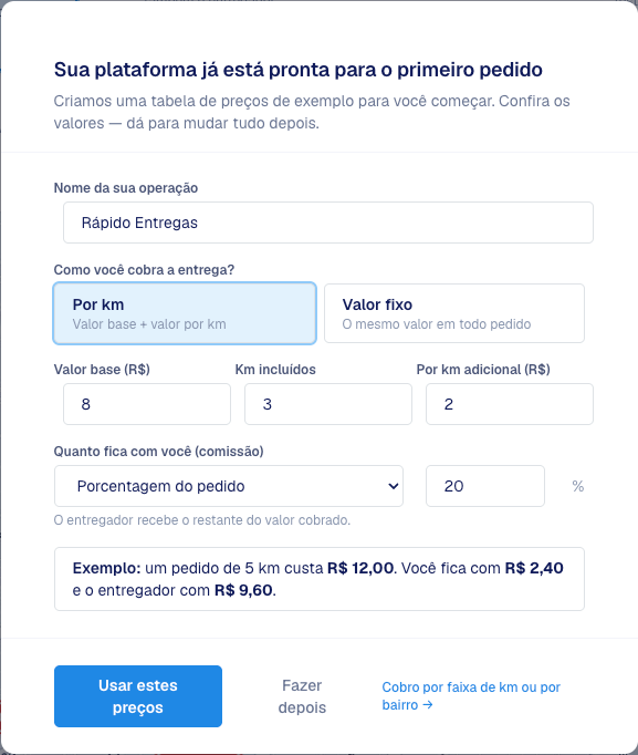 Janela de conferência de preços com Por km selecionado, os valores preenchidos e o exemplo de um pedido de 5 km