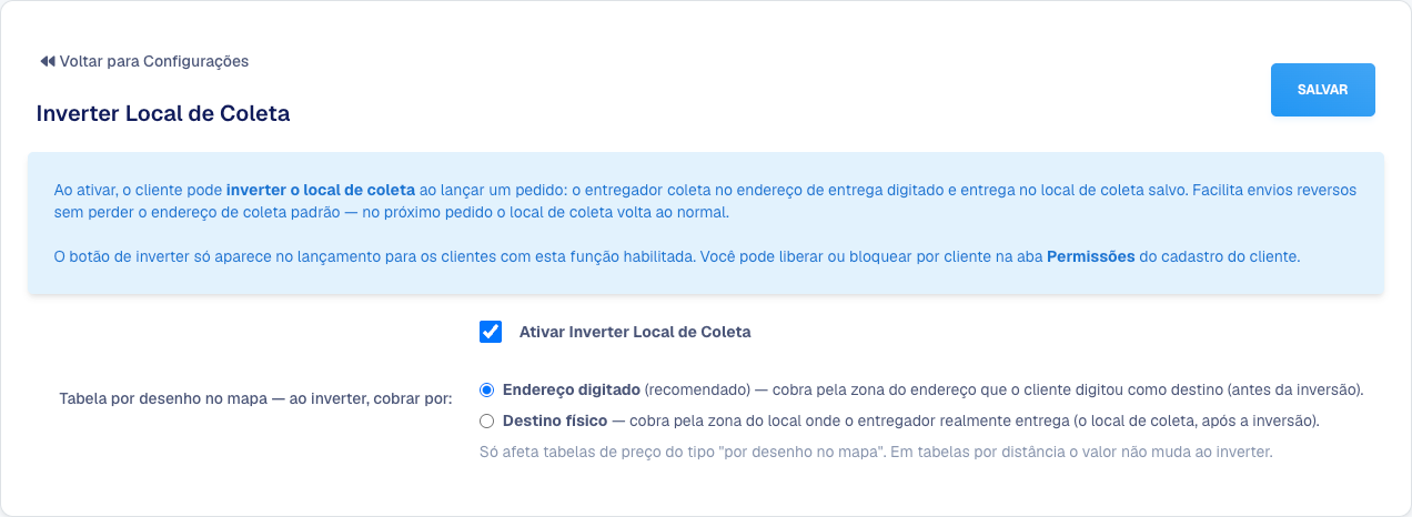 Tela Inverter Local de Coleta com a opção Ativar marcada e as duas formas de cobrança na tabela por desenho no mapa