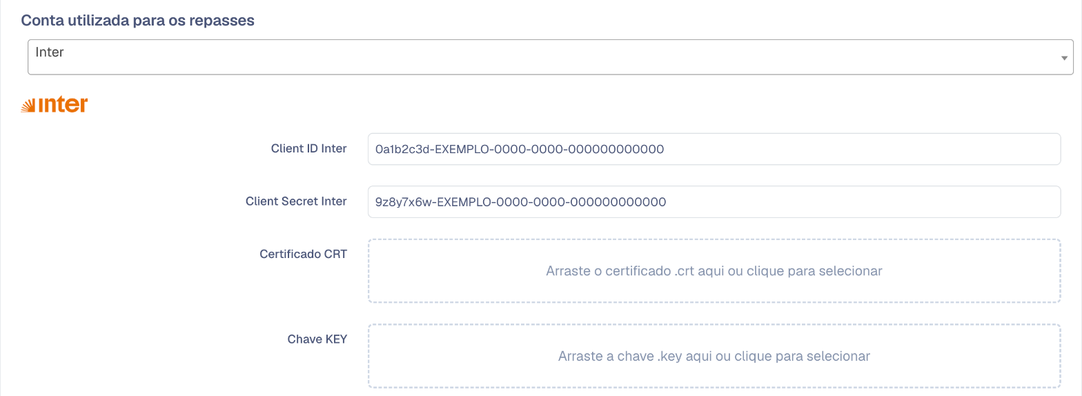 Tela de Repasses Automáticos com o Inter como conta dos repasses