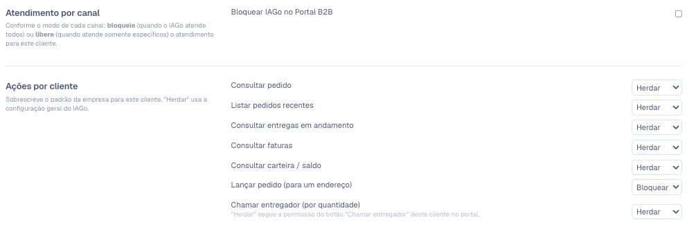 Blocos Atendimento por canal e Ações por cliente, com Lançar pedido em Bloquear e as consultas em Herdar