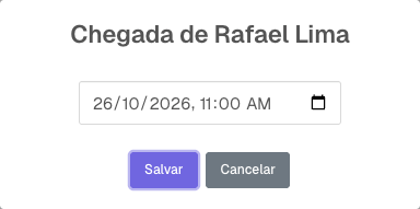 Janela Chegada de Rafael Lima com o campo de data e hora preenchido e os botões Salvar e Cancelar