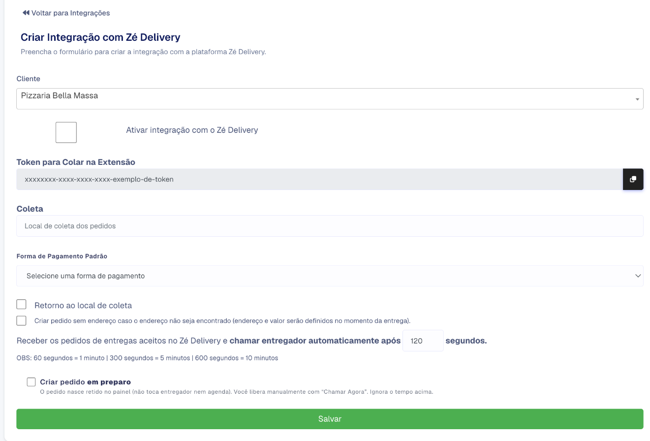 Formulário Criar Integração com Zé Delivery com o token, a coleta e a forma de pagamento preenchidos