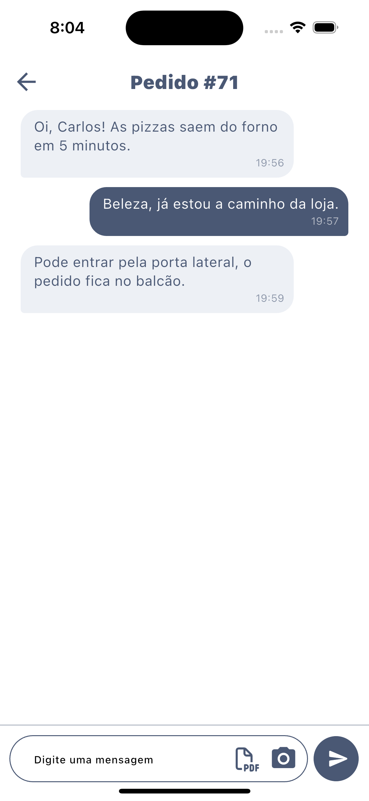 Chat do pedido com a loja no app