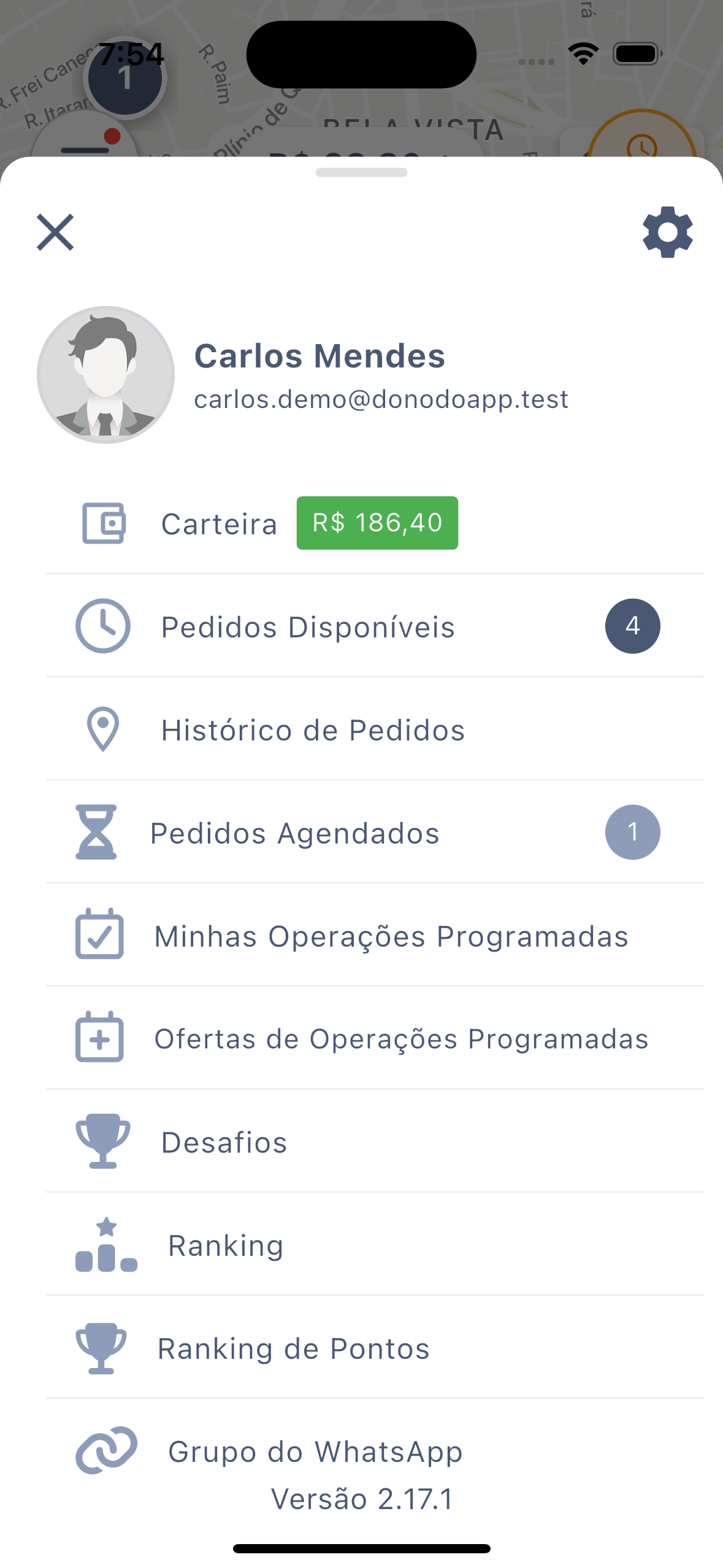 Menu do app do entregador aberto