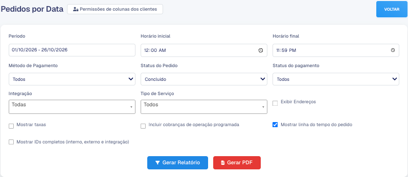 Filtros do relatório Pedidos por Data preenchidos, com os botões Gerar Relatório e Gerar PDF