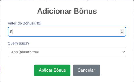 Janela Adicionar Bônus com o valor de 5,00 e o campo Quem paga? com a opção App (plataforma) selecionada