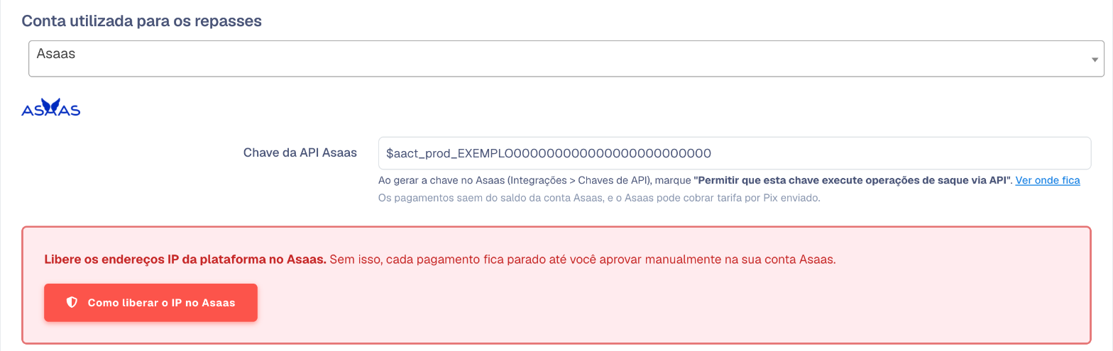 Tela de Repasses Automáticos com o Asaas como conta dos repasses
