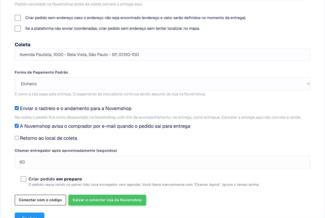 Coleta, forma de pagamento e botões de conexão