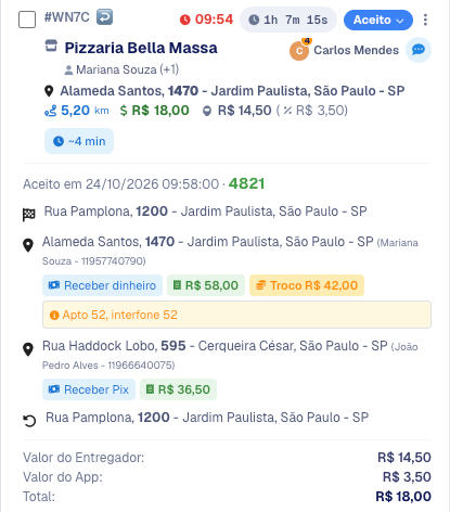 Card aberto mostrando os endereços com forma de pagamento e troco e o resumo de valores