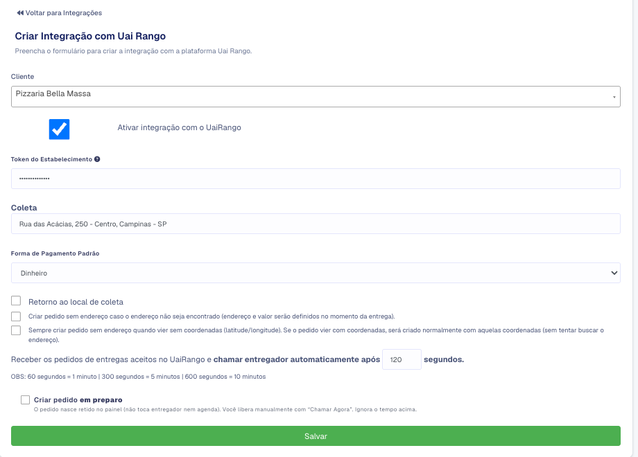 Formulário Criar Integração com Uai Rango com token, coleta e forma de pagamento preenchidos