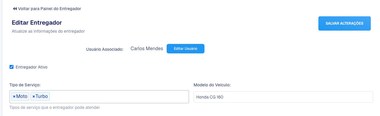 Cadastro do entregador com os tipos de serviço Moto e Turbo