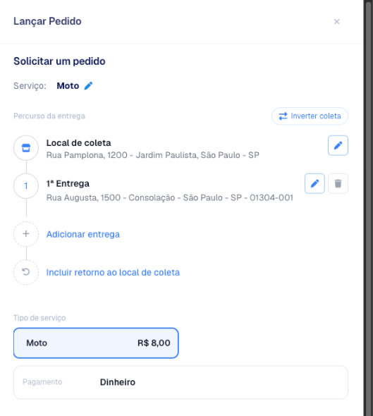 Formulário de lançar pedido