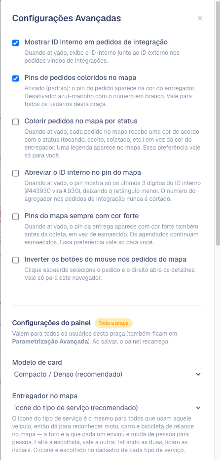 Janela Configurações Avançadas com as opções pessoais no topo e o bloco Configurações do painel, marcado como Toda a praça