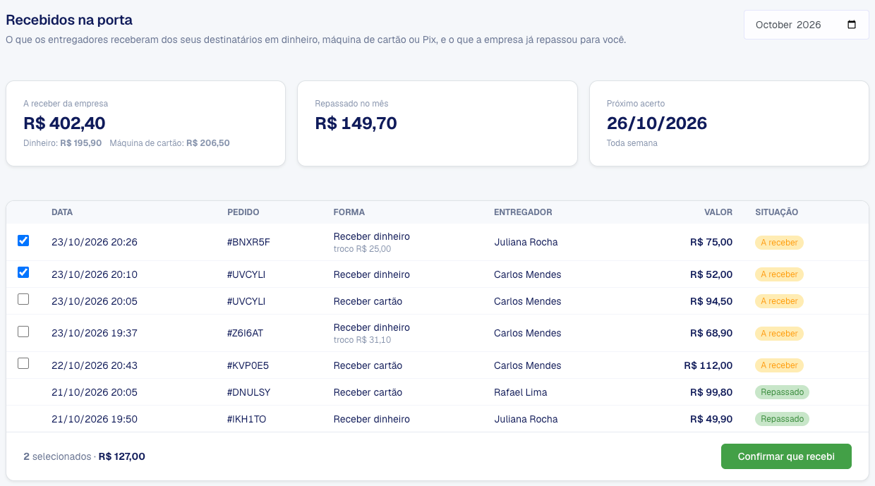 Tela Recebidos na porta no Portal B2B