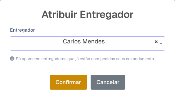 Janela Atribuir Entregador no Portal B2B com o aviso de entregadores com pedidos em andamento