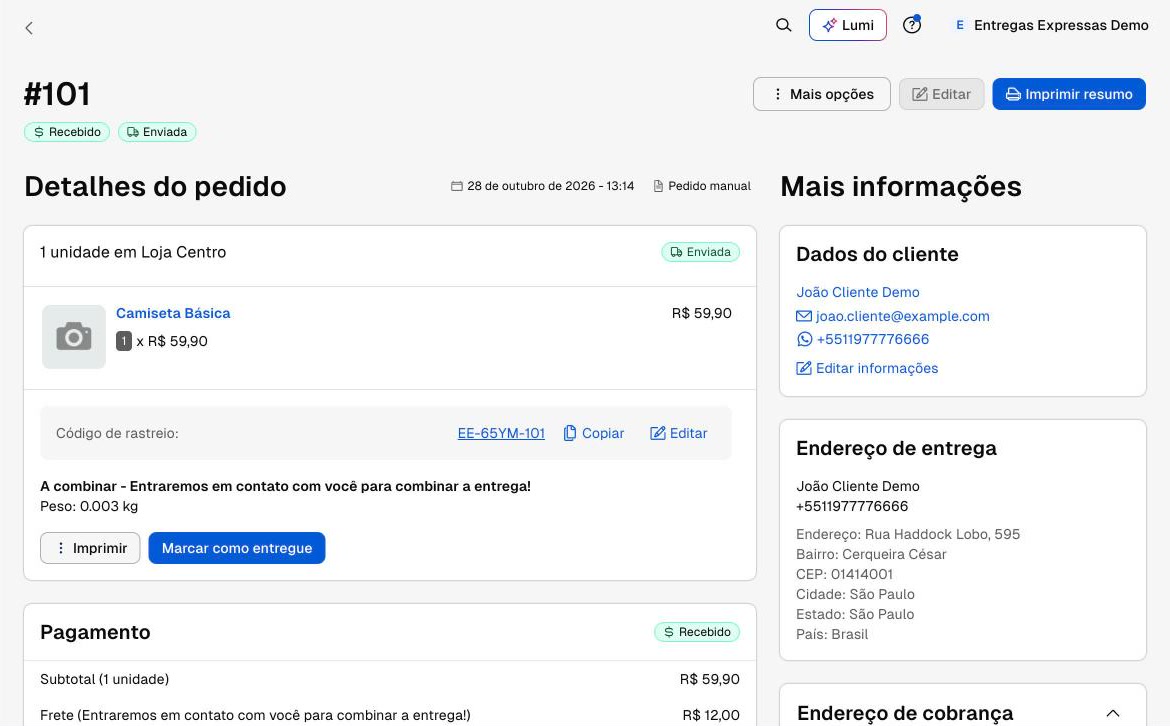 Pedido como Enviada na Nuvemshop com código de rastreio
