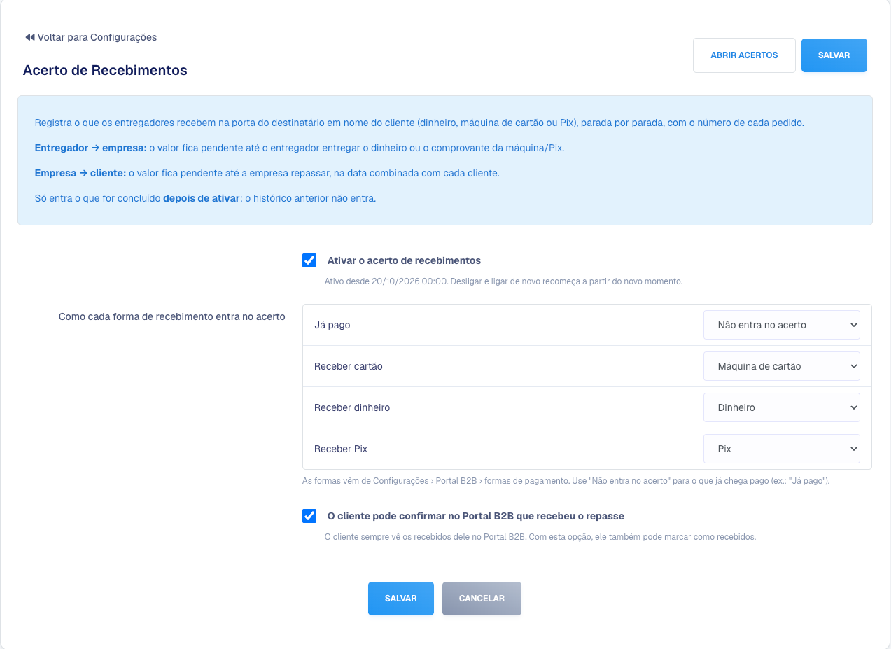 Tela de configuração do Acerto de Recebimentos