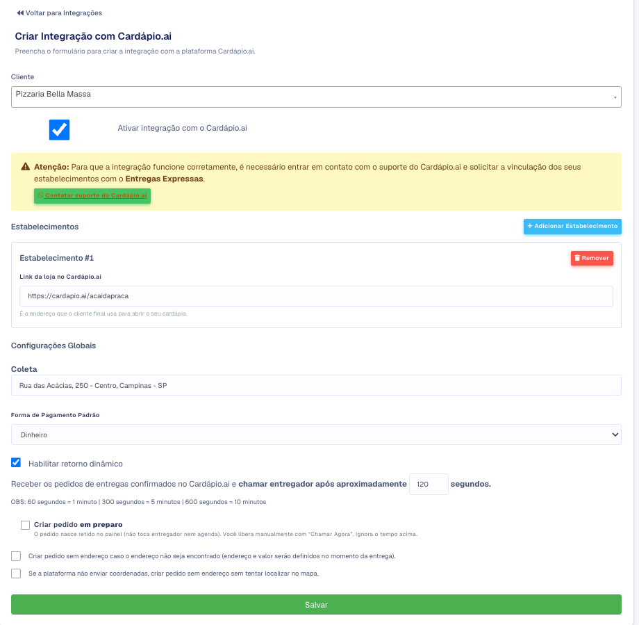 Formulário da integração Cardápio.ai com o aviso para contatar o suporte, o link da loja e as configurações globais