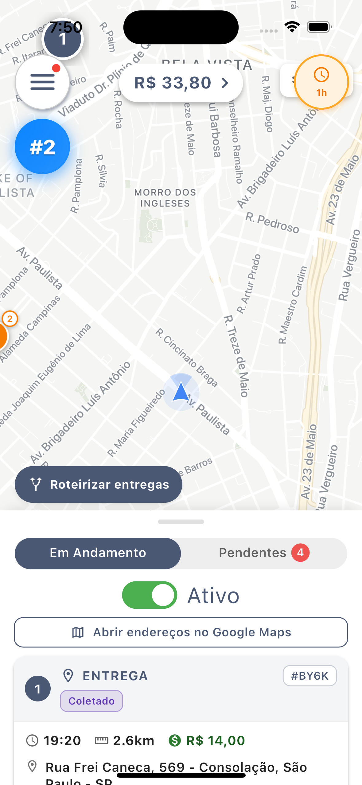 Tela inicial do app do entregador com o mapa e o interruptor Ativo ligado