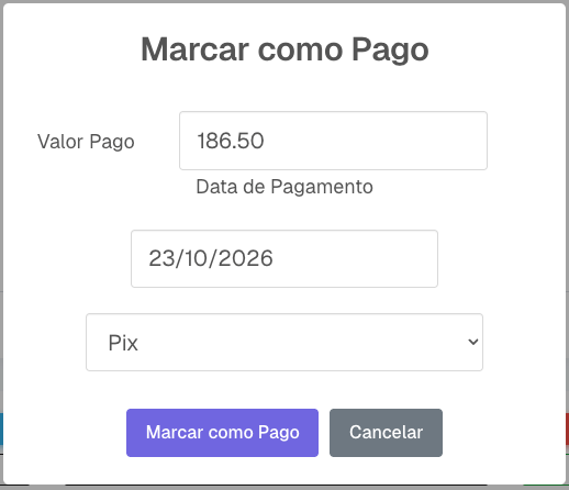 Janela Marcar como Pago com valor, data e forma de pagamento preenchidos
