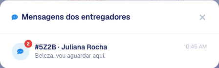 Lista Mensagens dos entregadores aberta, com um pedido, o nome do entregador, a última mensagem e o número de mensagens não lidas