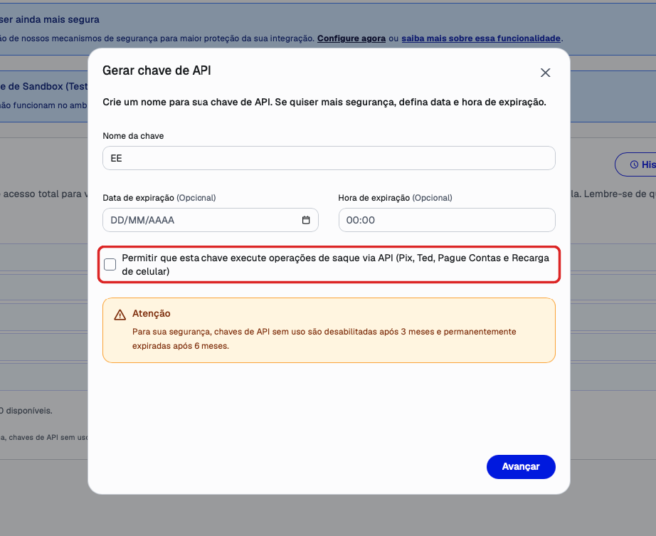 Janela Gerar chave de API do Asaas com a opção de saque destacada