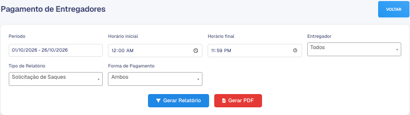 Filtros do relatório Pagamento de Entregadores com Tipo de Relatório Solicitação de Saques
