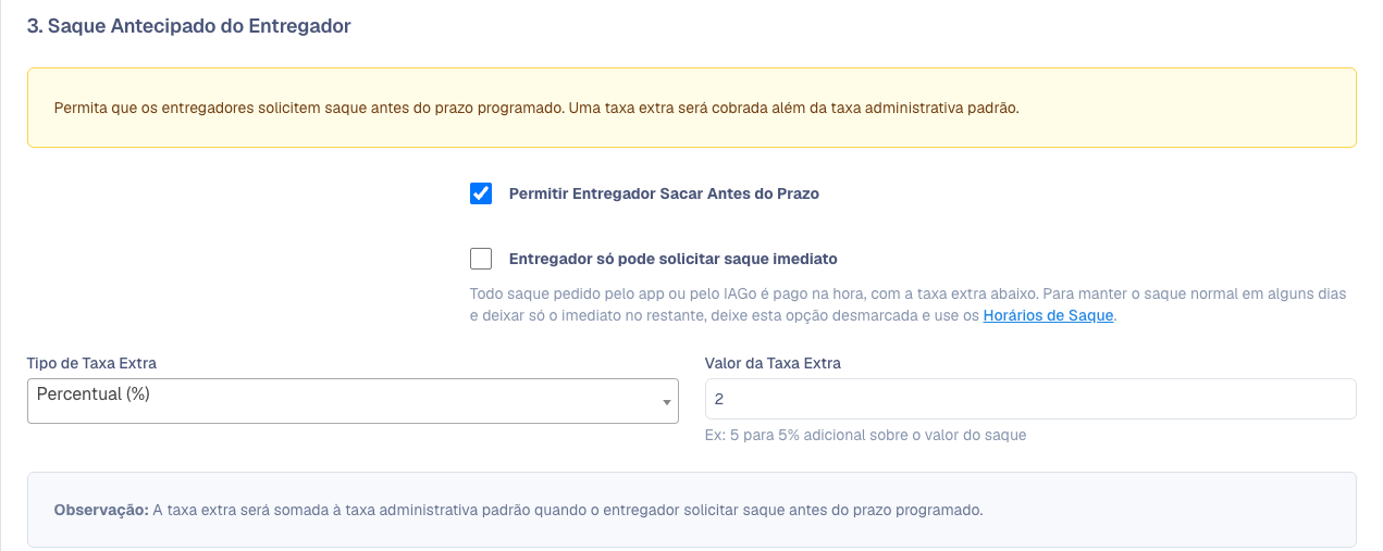 Seção Saque Antecipado do Entregador com taxa extra percentual