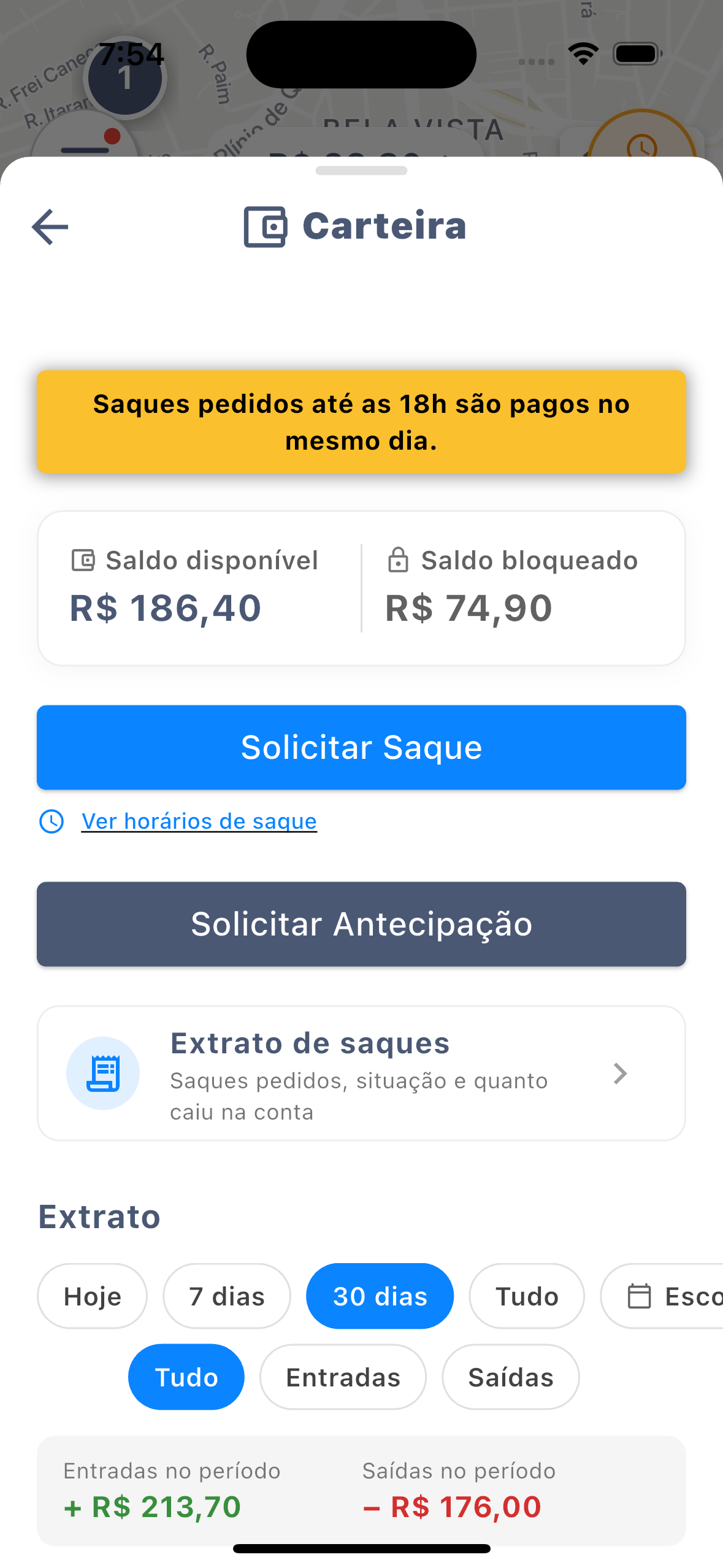 Carteira do app com o link Ver horários de saque