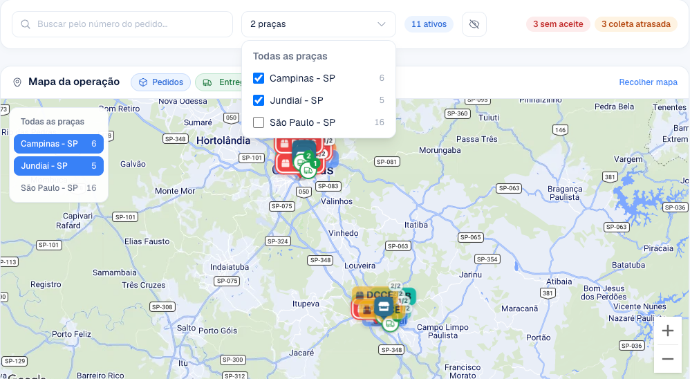 Filtro de praças aberto com Campinas e Jundiaí marcadas e o mapa enquadrando as duas cidades