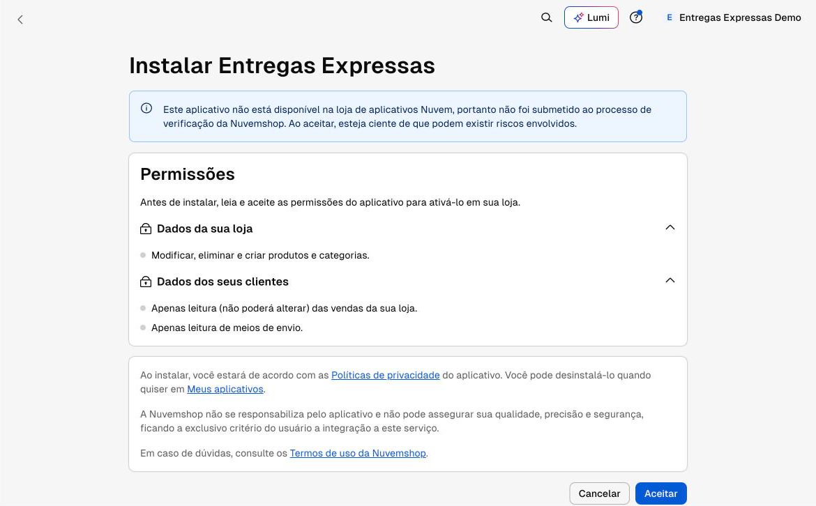 Tela de instalação do aplicativo Entregas Expressas na Nuvemshop