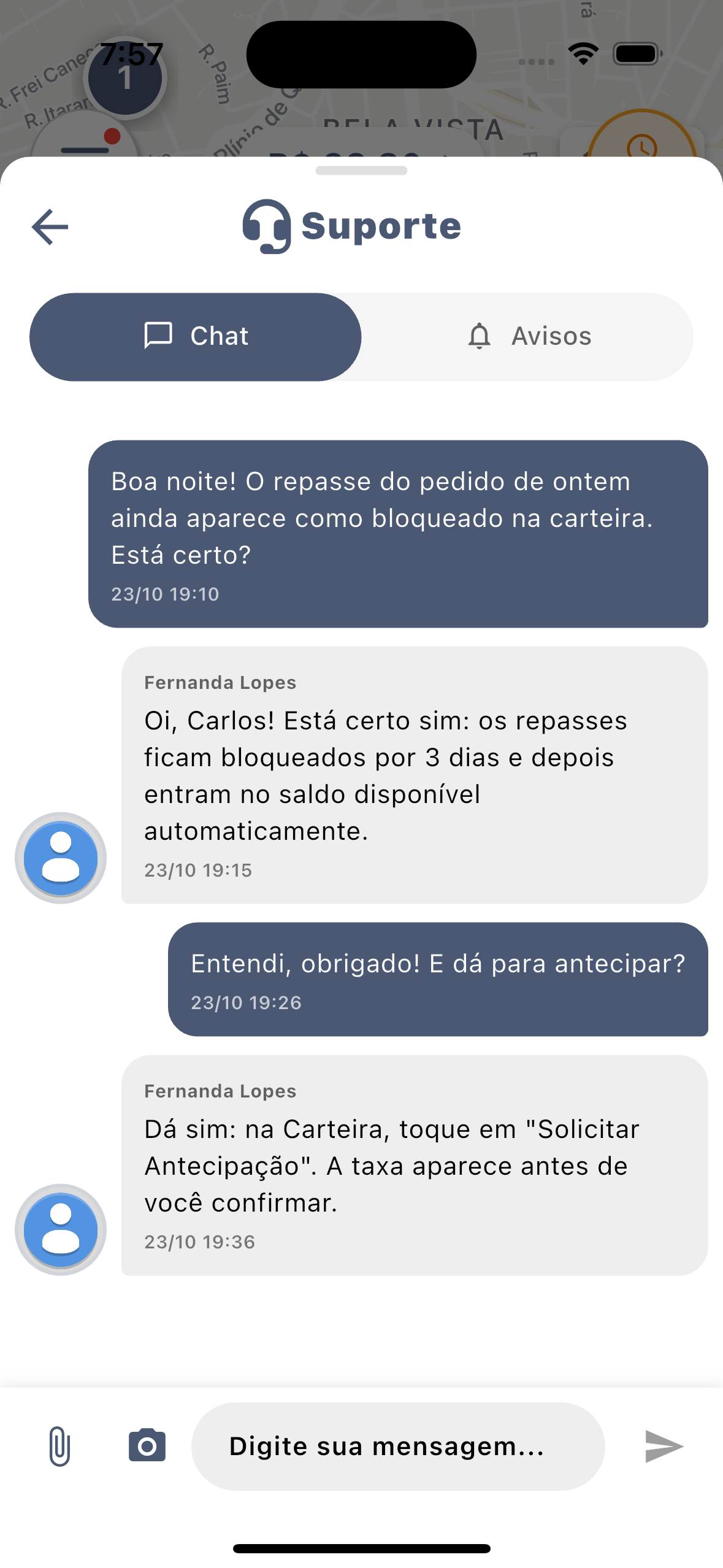 Tela Suporte do app do entregador com as abas Chat e Avisos