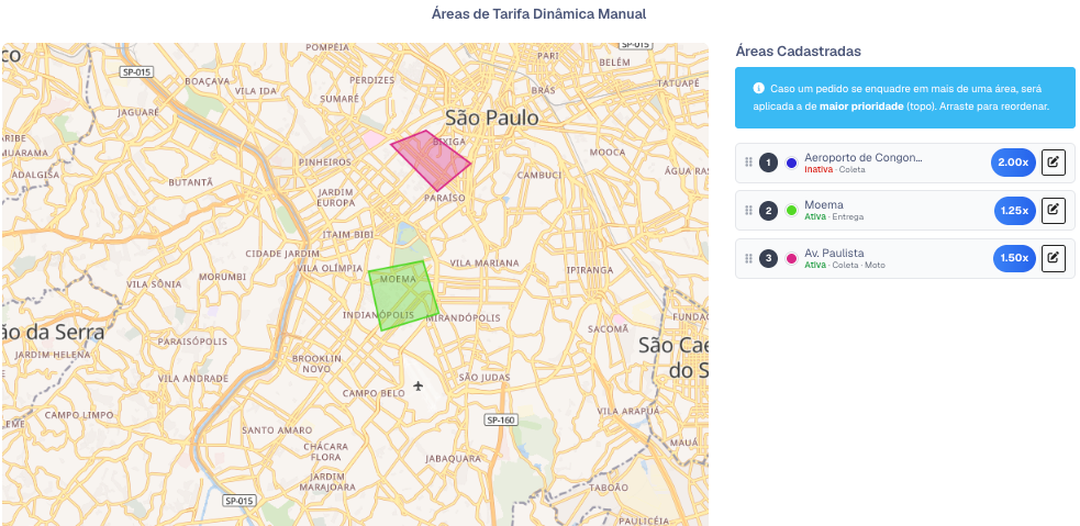 Lista Áreas Cadastradas com três áreas numeradas, cada uma com situação, onde vale e multiplicador