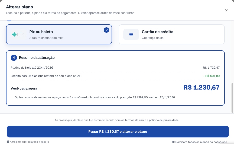 Janela Alterar plano com Mensal selecionado, um plano escolhido e o resumo da alteração