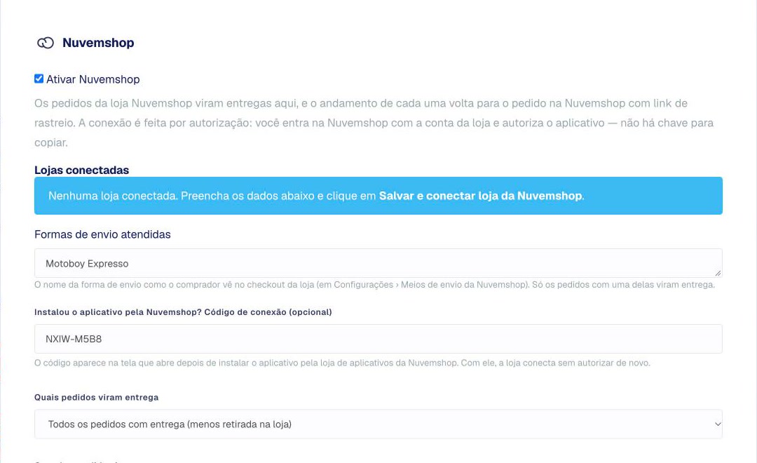 Formulário da Nuvemshop no Portal B2B com formas de envio e código de conexão