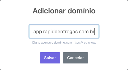 Janela Adicionar domínio com o campo preenchido com app.suaempresa.com.br