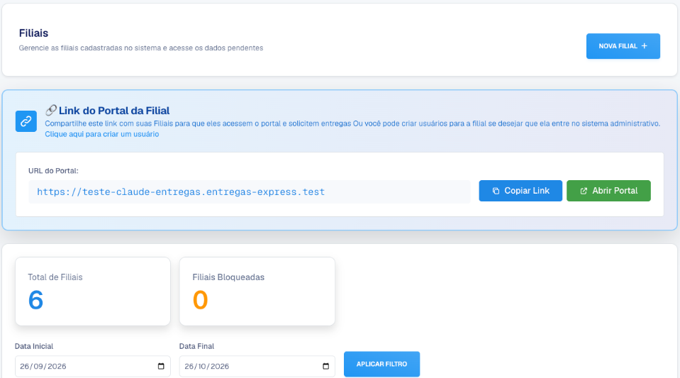 Tela Filiais com os totais, o Link do Portal da Filial e a Lista de Filiais