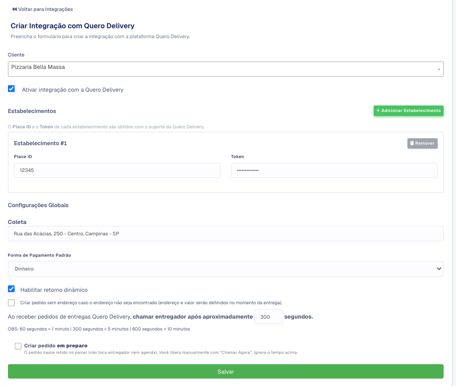 Formulário da integração Quero Delivery com o estabelecimento preenchido e as configurações globais