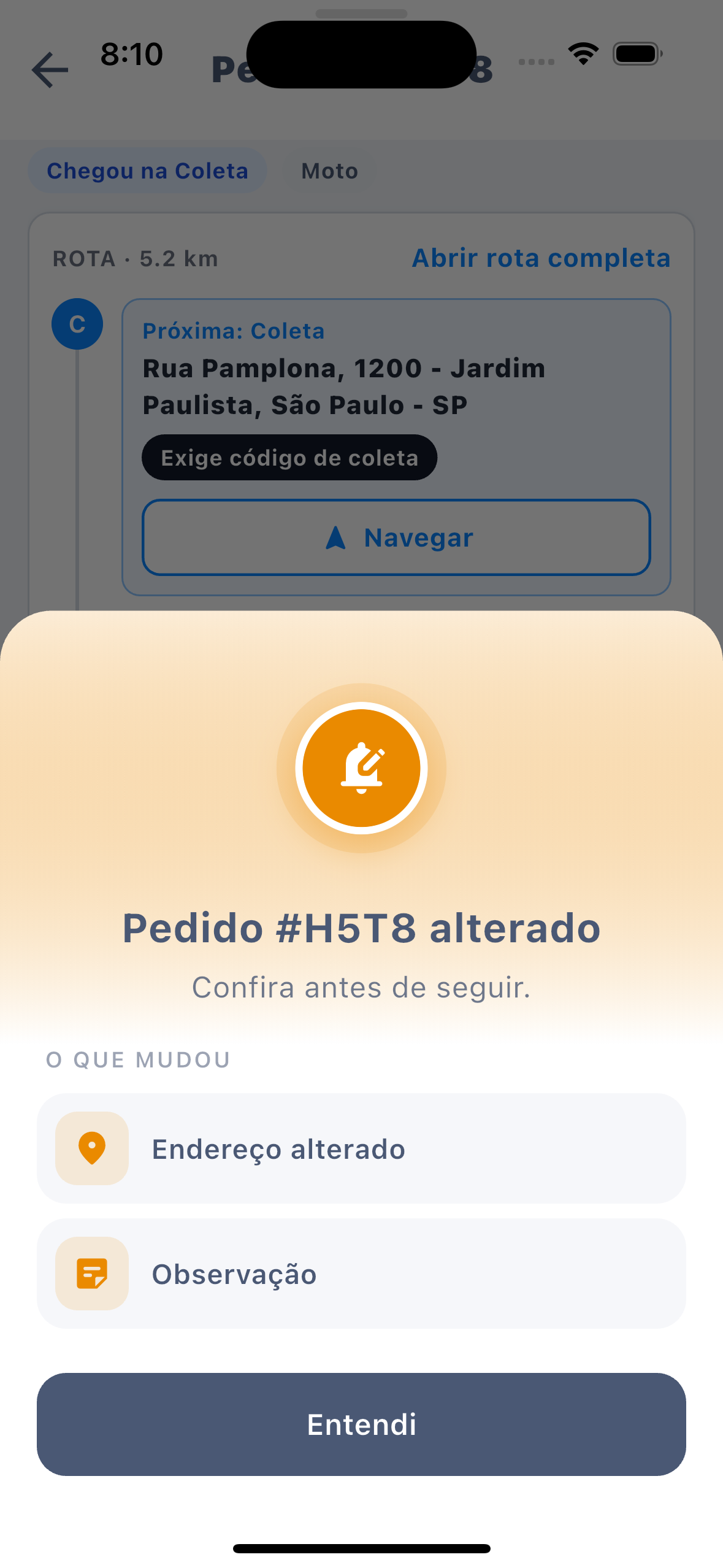 Aviso de pedido alterado no app