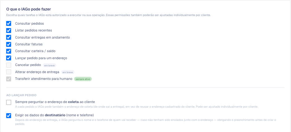 Seção O que o IAGo pode fazer com as tarefas de consulta marcadas e as duas opções de Ao lançar pedido